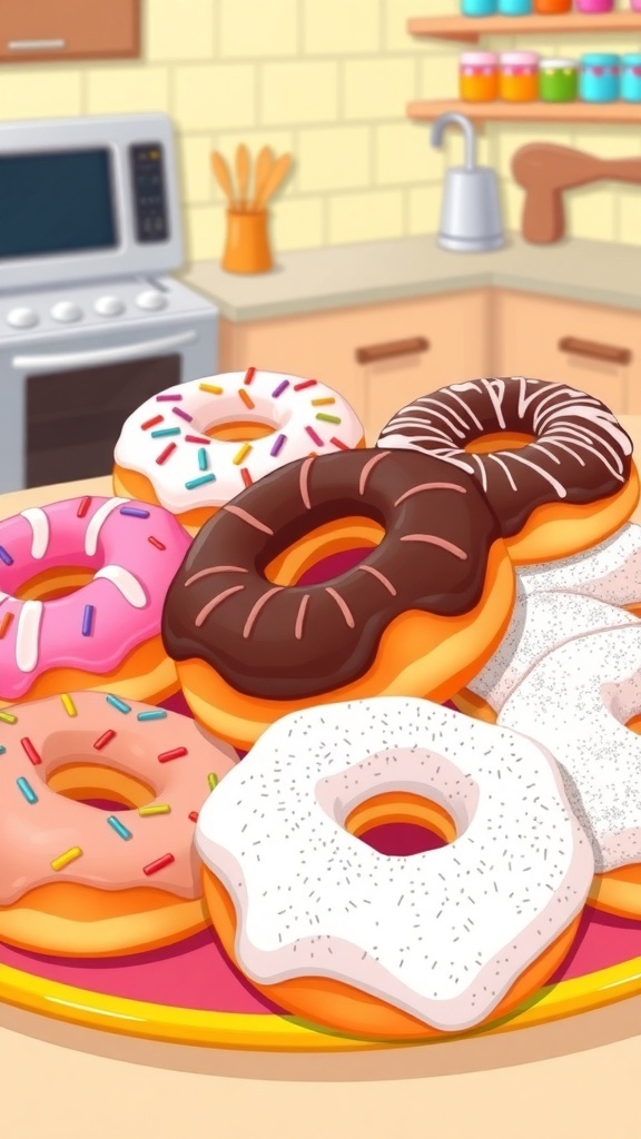 An assortment of colorful donuts with various toppings on a plate in a kitchen setting.